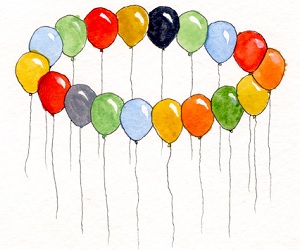 M.C Escher inspired birthday balloons overlapping each other paradoxically. Watercolor illustration by Allen West.